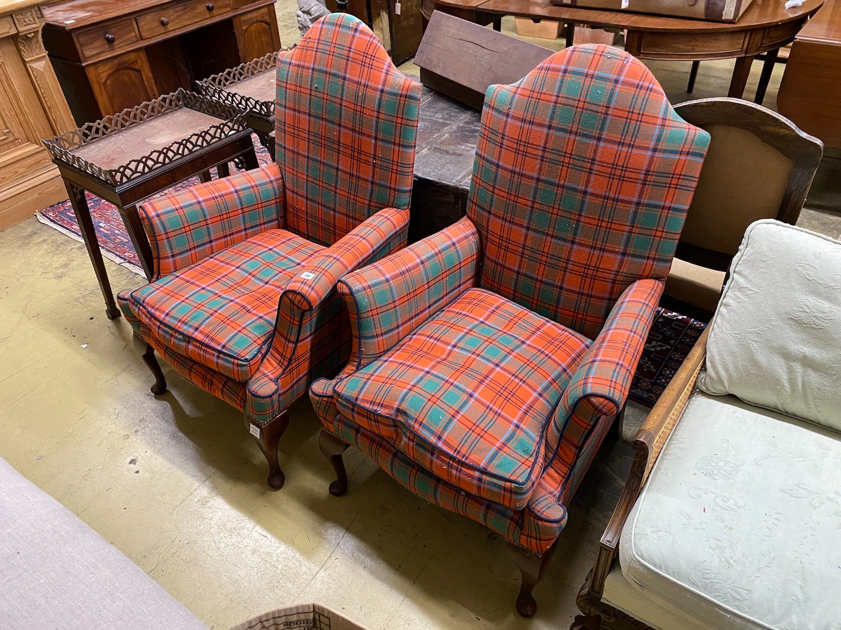 A pair of 18th century style tartan upholstered armchairs, width 76cm, depth 80cm, height 110cm